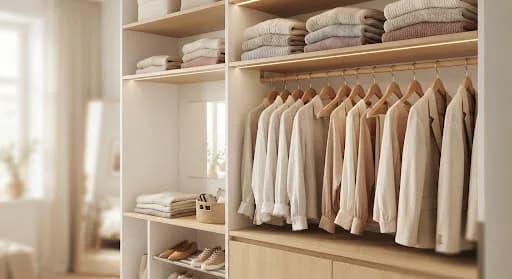 Tủ quần áo tinh gọn với các món đồ được sắp xếp ngay ngắn