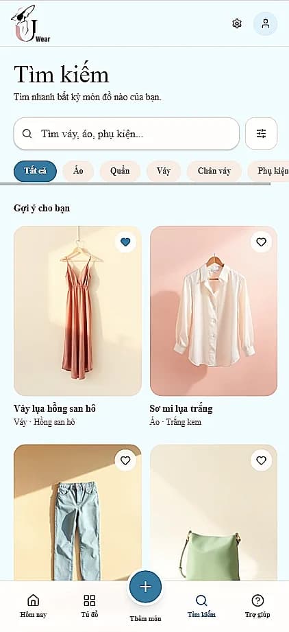 Giao diện tìm kiếm của ứng dụng UWear